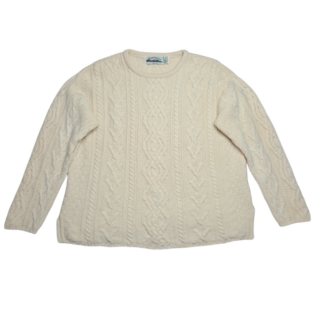 Aran Crafts Sweater Grandpa Core Womens XL Cream Irish Fisherman Cable Knit Wool